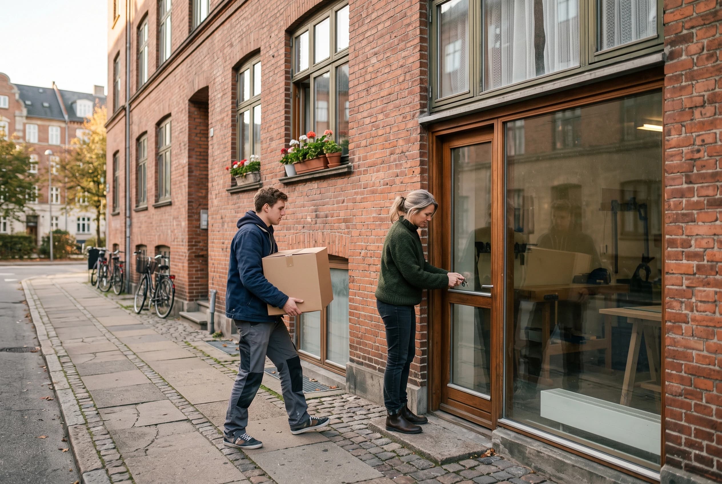 Kvinde i fyrrerne låser døren op til et lille værksted i stueetagen af en muret ejendom, mens en mand i tyverne bærer en papkasse ind i eftermiddagslys