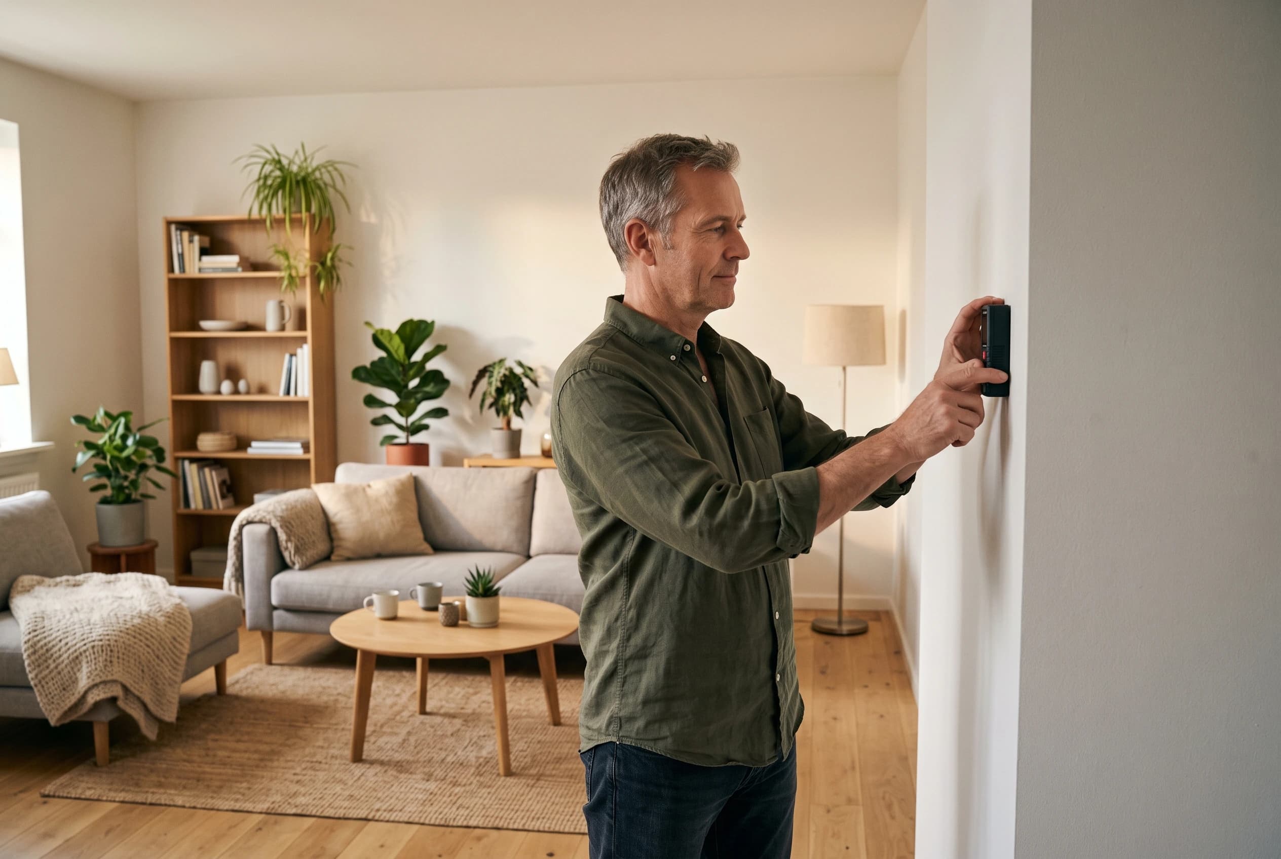 En mand i halvtredserne måler en væg op med et lille digitalt målebånd i en møbleret dansk stue i eftermiddagslys
