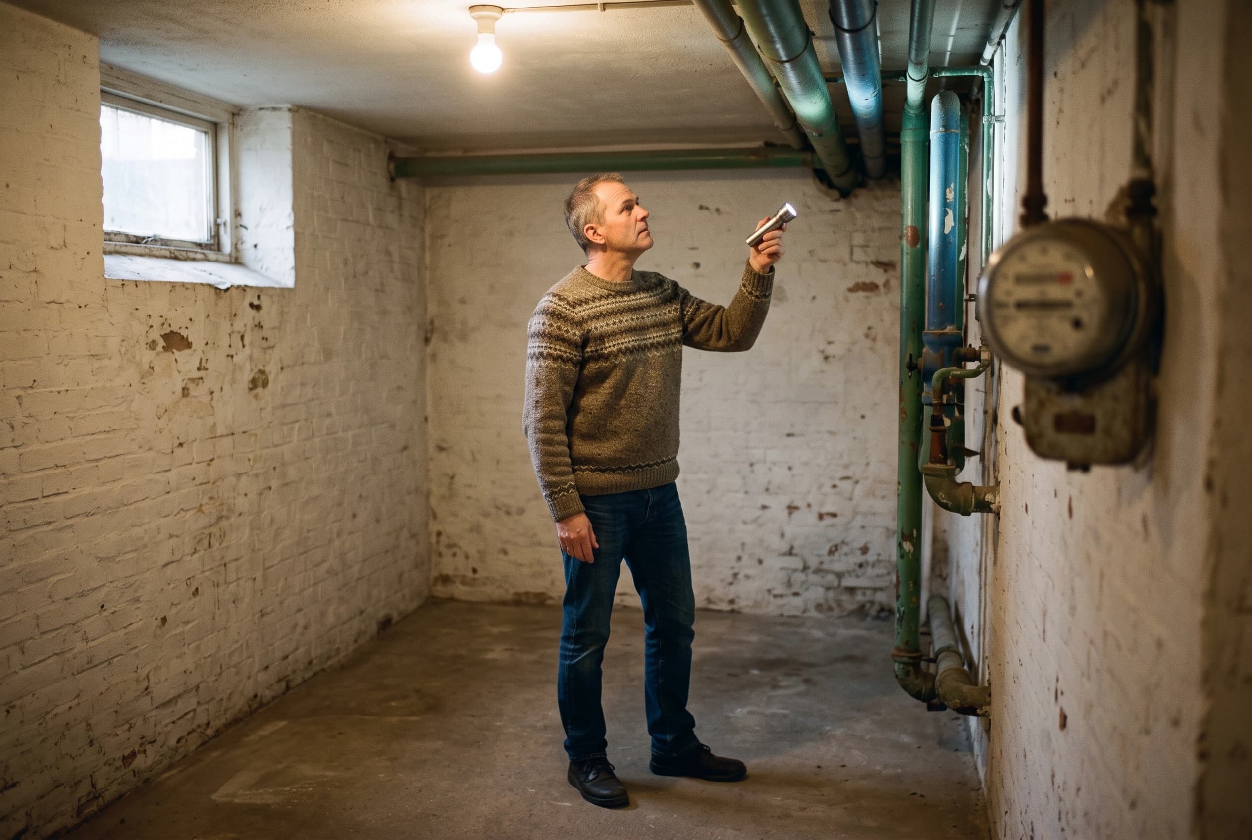 En mand i halvtredserne lyser med en lommelygte på gamle rørføringer og en ældre måler på væggen i en kælder med fladt betongulv