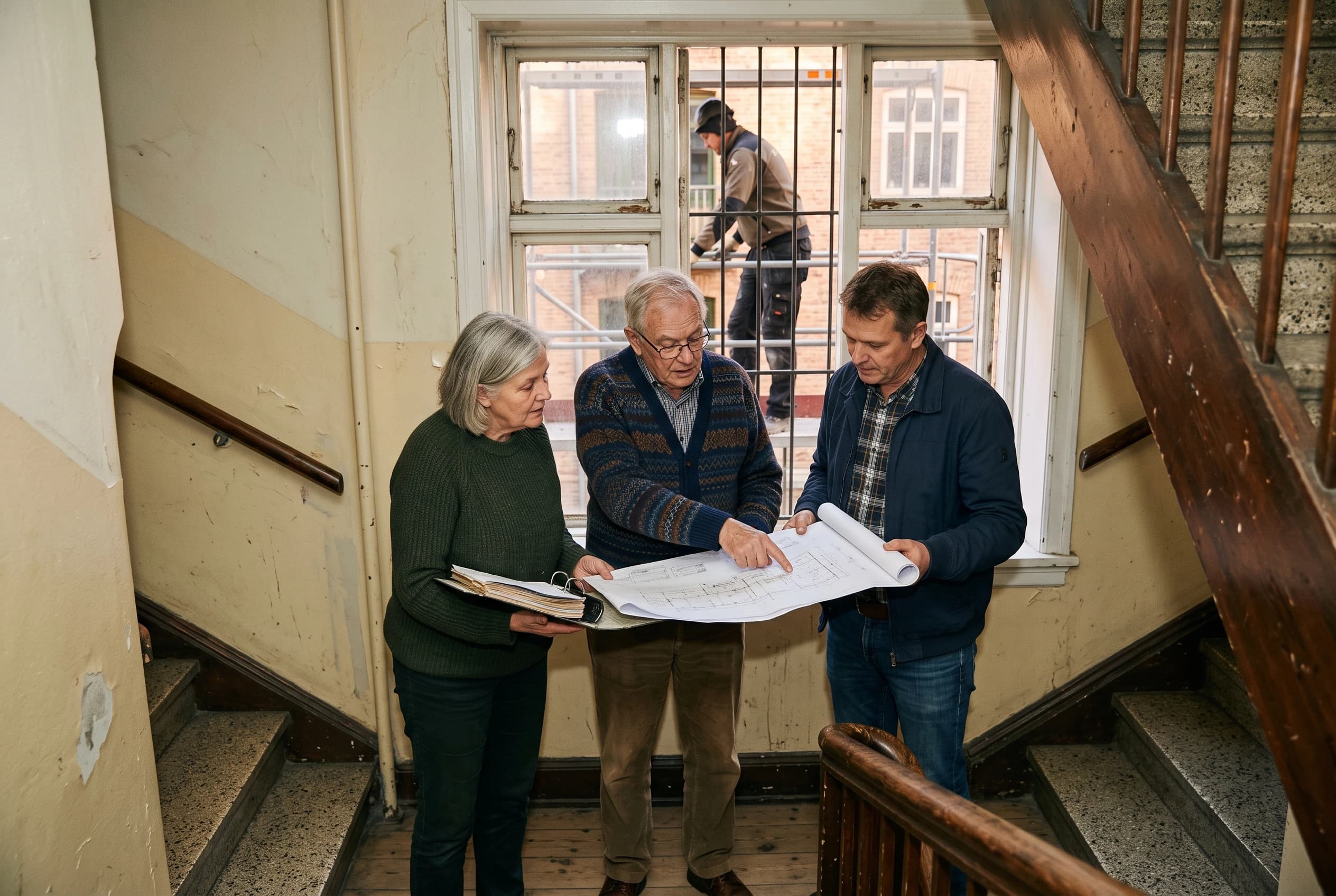 Tre beboere står med tegninger og en mappe i en opgang, mens en håndværker arbejder på et stillads uden for vinduet