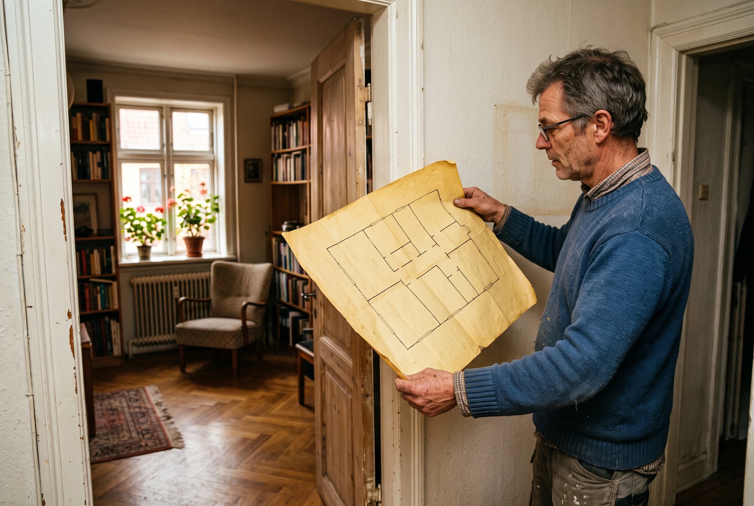 Mand i halvtredserne står i døråbningen til en stue i en ældre lejlighed og holder en gulnet plantegning op for at sammenligne den med rummet
