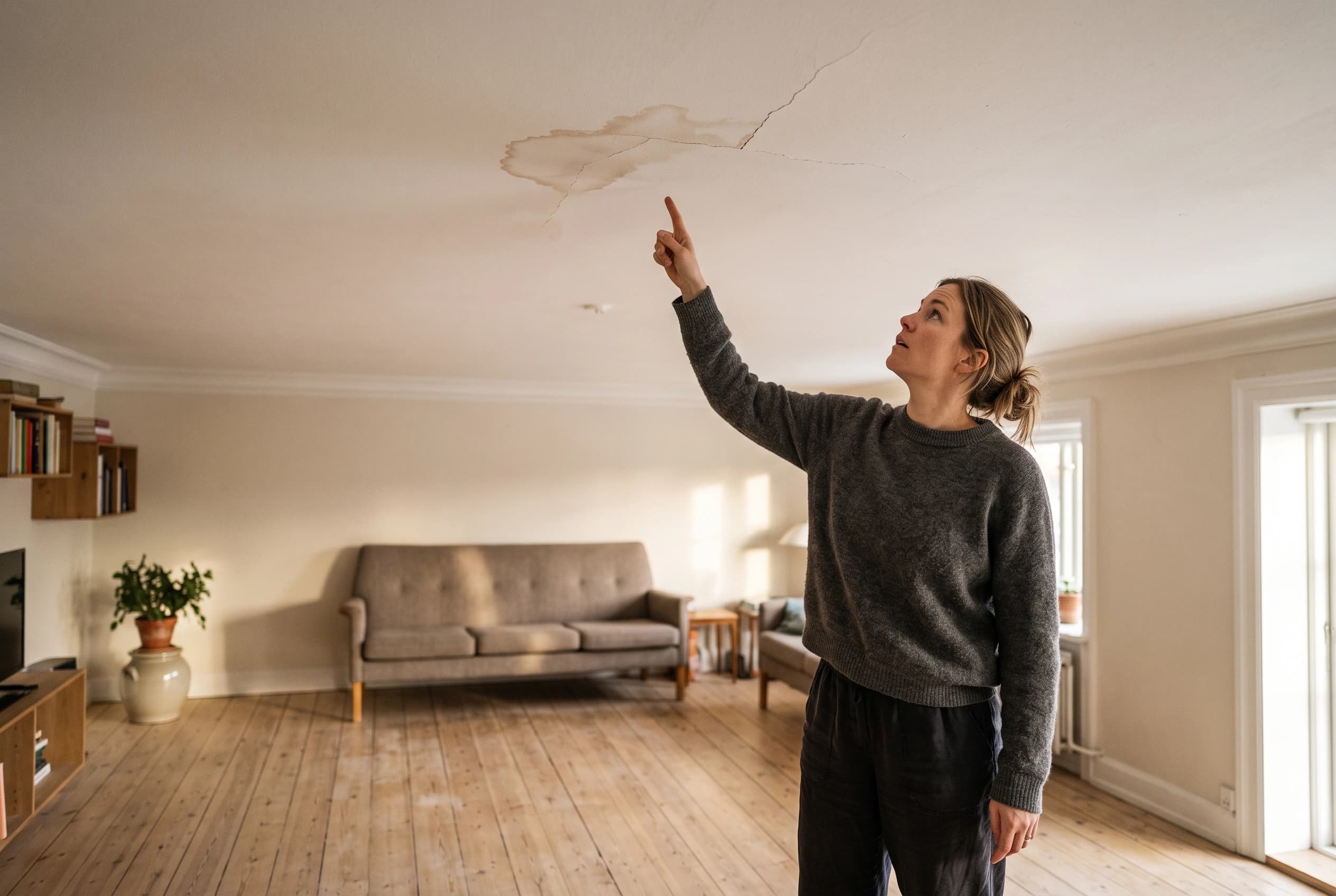 En kvinde står på gulvet i en stue og peger op mod et fugtskjold og en revne i det hvide loft