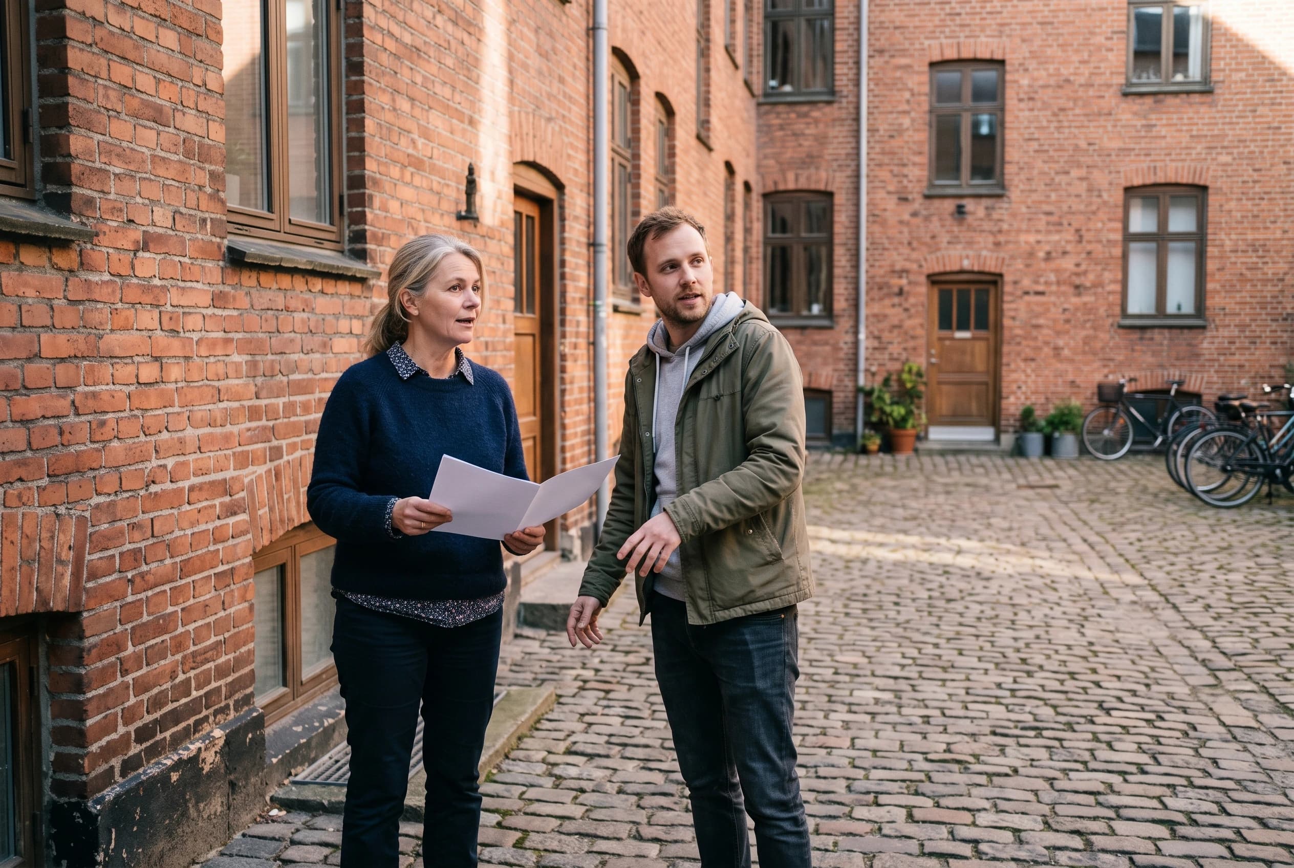 Kvinde i halvtredserne med et åbnet brev i hånden og mand i trediverne står i en brolagt gård foran en ældre rød murstensejendom i eftermiddagslys