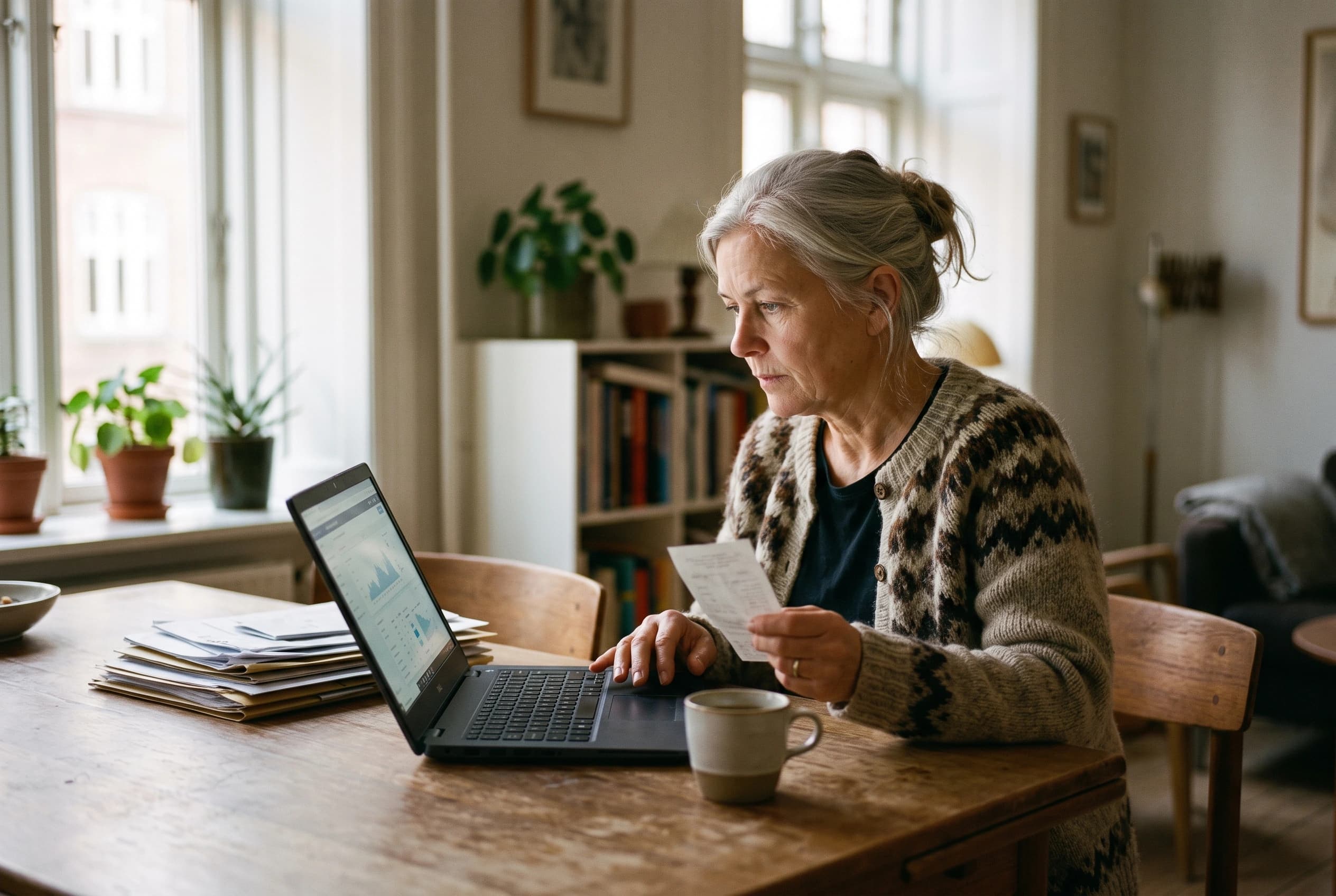 En kasserer sidder ved et spisebord med en bærbar computer, en stak kvitteringer og en kop kaffe i eftermiddagslys