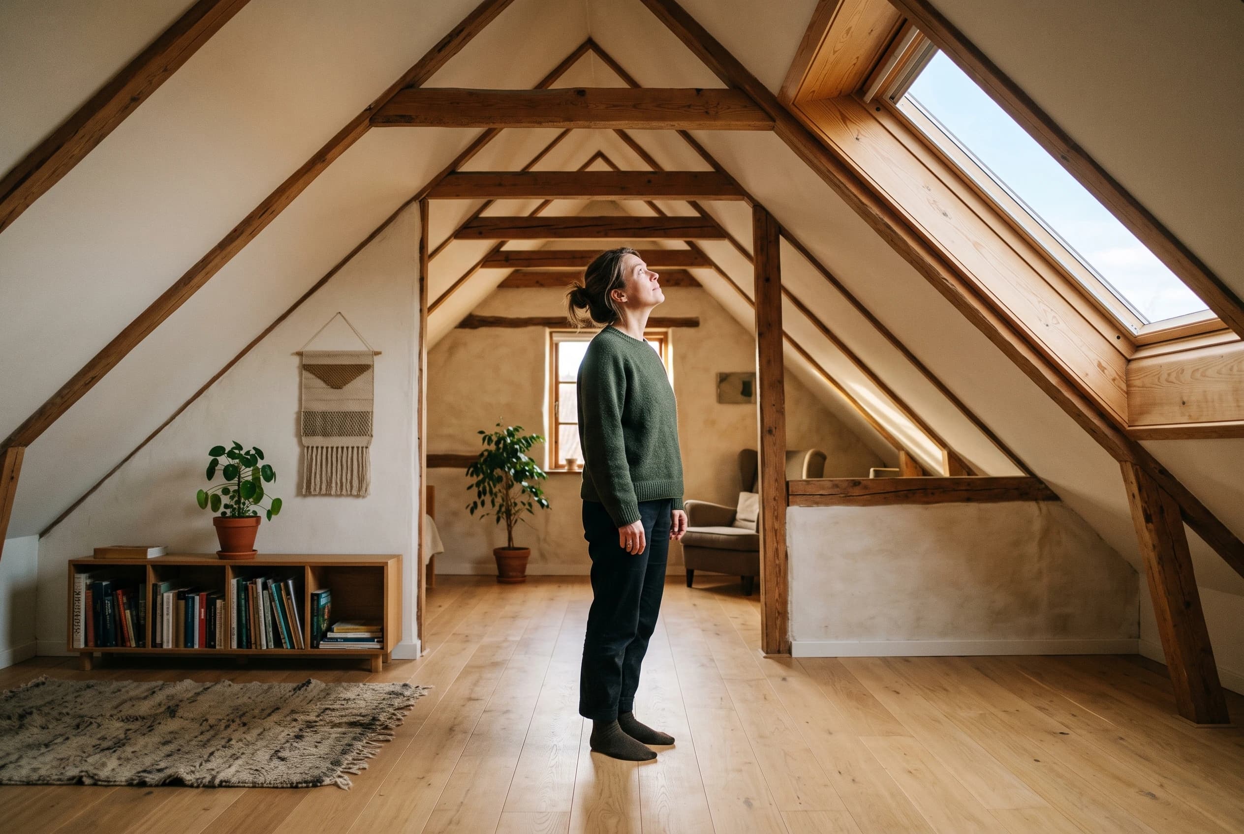 En kvinde i fyrrerne står på det flade gulv i en indrettet tagetage og kigger op mod loftskonstruktionen under et tagvindue