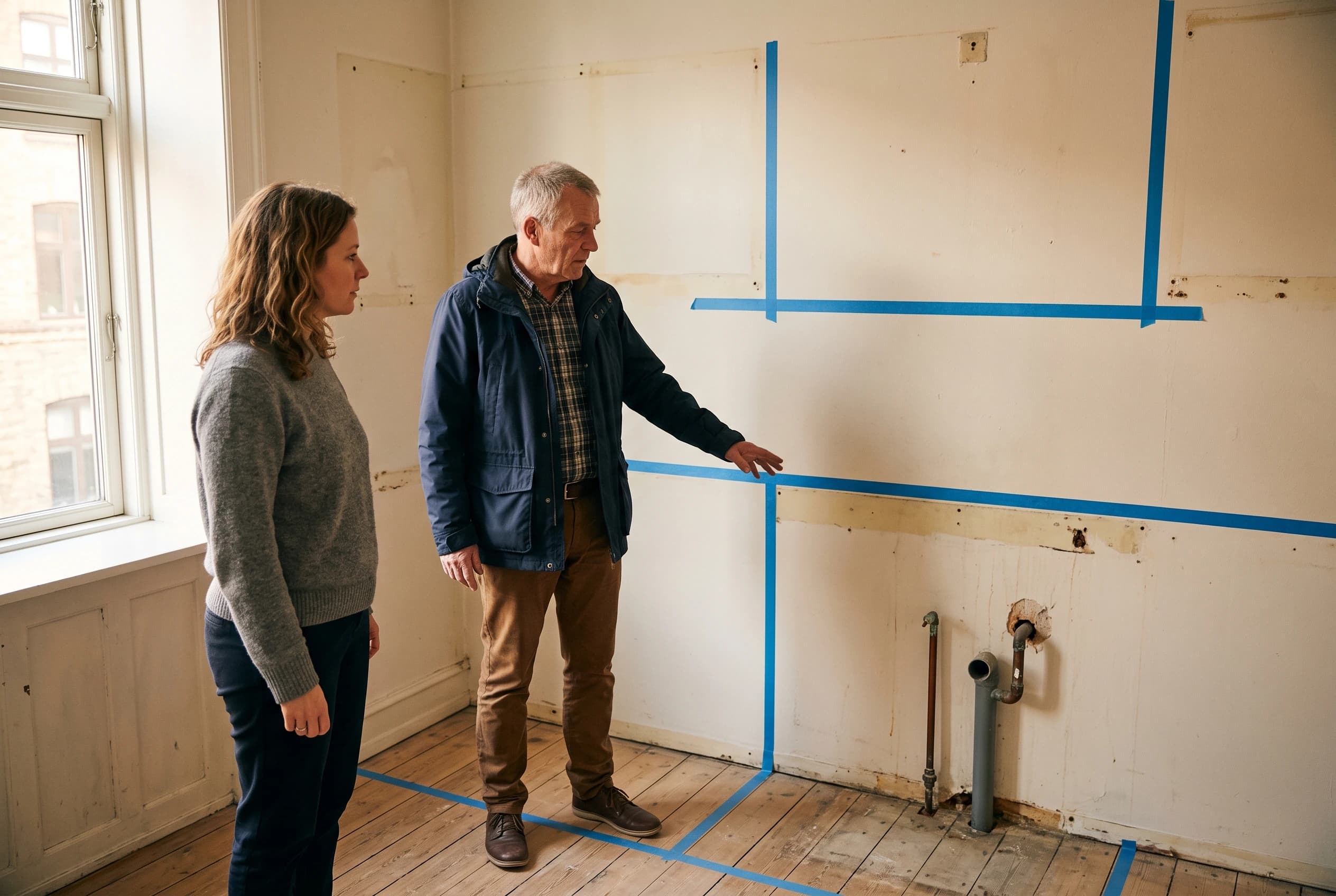 En beboer i fyrrerne og et bestyrelsesmedlem i tresserne står i et tømt køkken og ser på blå tapestreger, der markerer den planlagte nye køkkenindretning