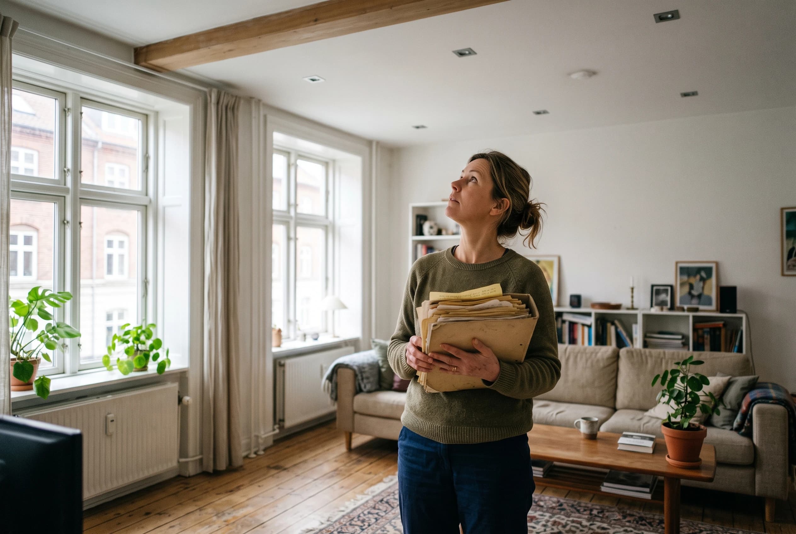 Kvinde i fyrrerne står i en lys stue med en stak gamle papirer i armene og kigger op på et loft med indbyggede spots