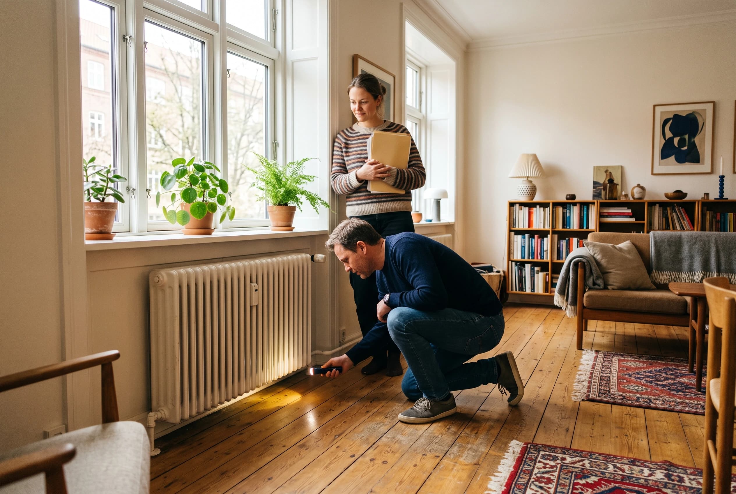 En vurderingsmand i fyrrerne sidder på hug i en lys stue og lyser med en lommelygte langs et gammelt plankegulv under en radiator, mens en sælger i trediverne venter ved vinduet med en mappe papirer
