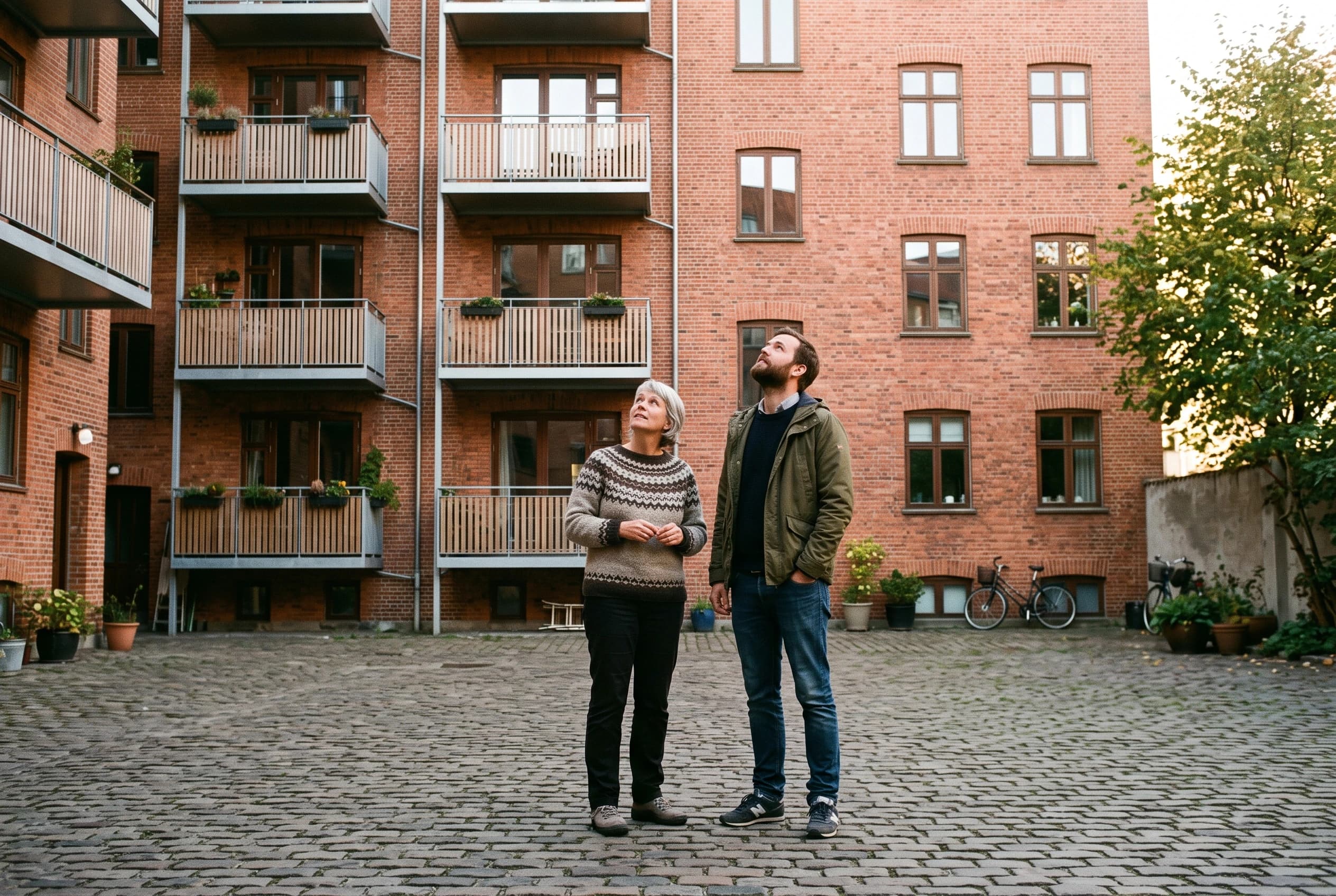 Kvinde i halvtredserne og mand i trediverne står i en brolagt baggård og ser op mod en murstensfacade hvor kun den ene halvdel af lejlighederne har altaner