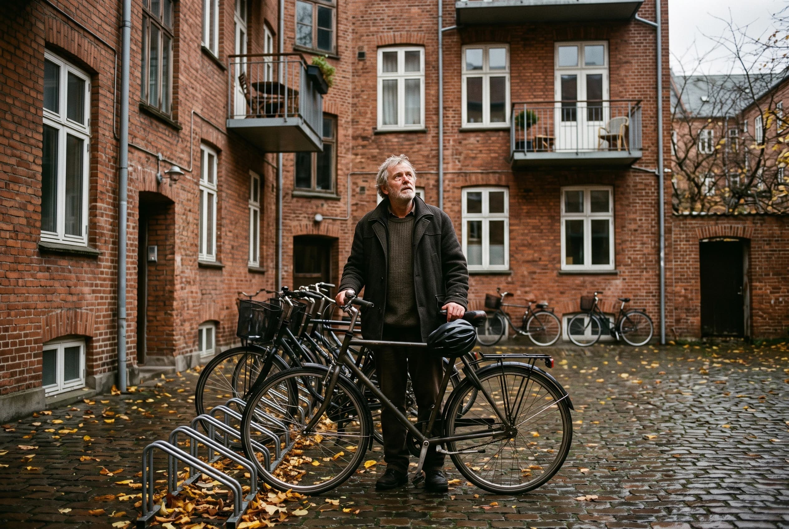 Mand i tresserne står med sin cykel ved cykelstativet i en brolagt gård og ser op ad den røde murstensfacade en grå efterårsdag