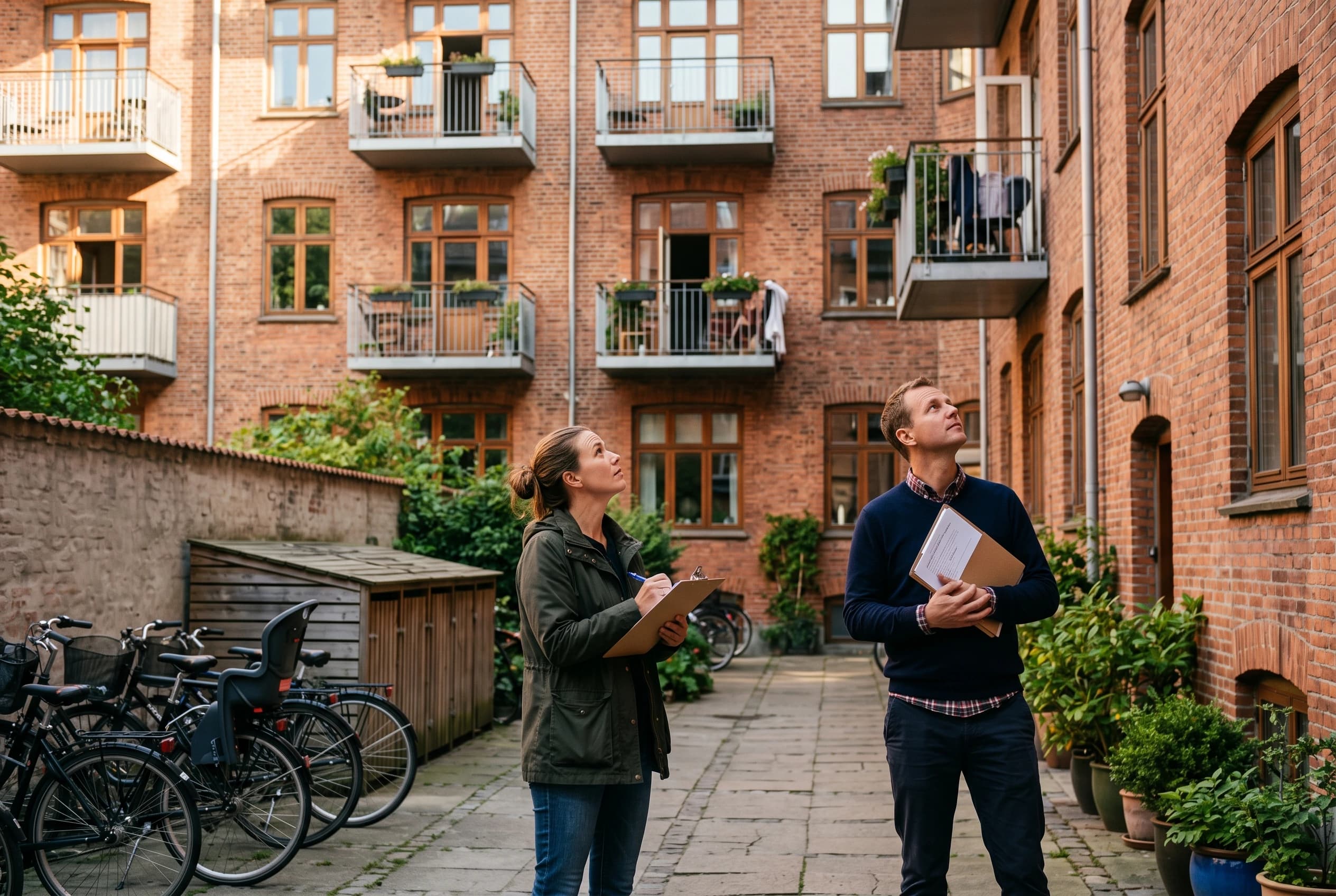 En kvinde med skriveplade og en mand med en dokumentmappe står i en gård og ser op ad en rød murstensfacade med altaner