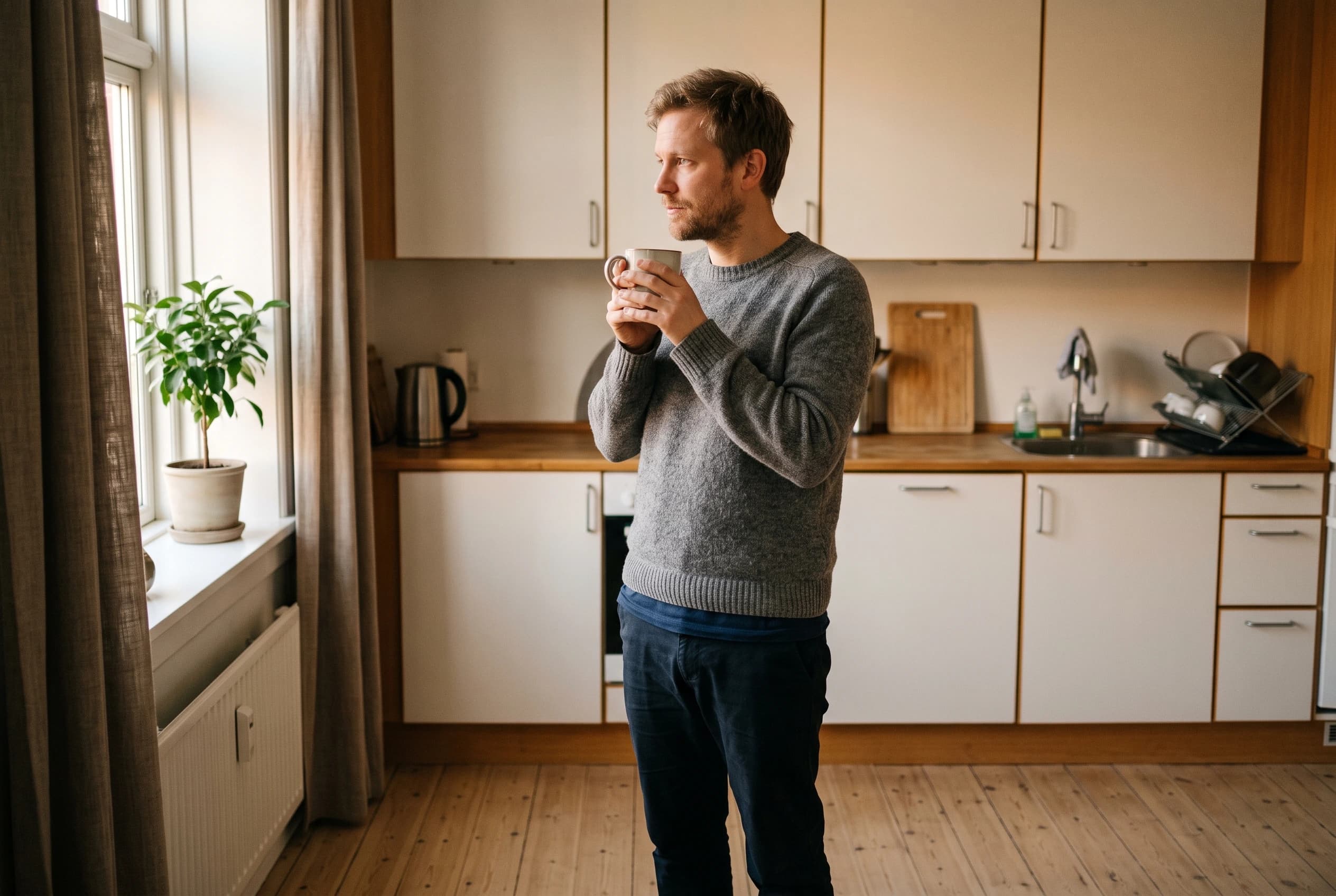 En mand i trediverne står alene i sit køkken tidligt om morgenen med en kop kaffe i hånden og ser eftertænksomt ud i rummet