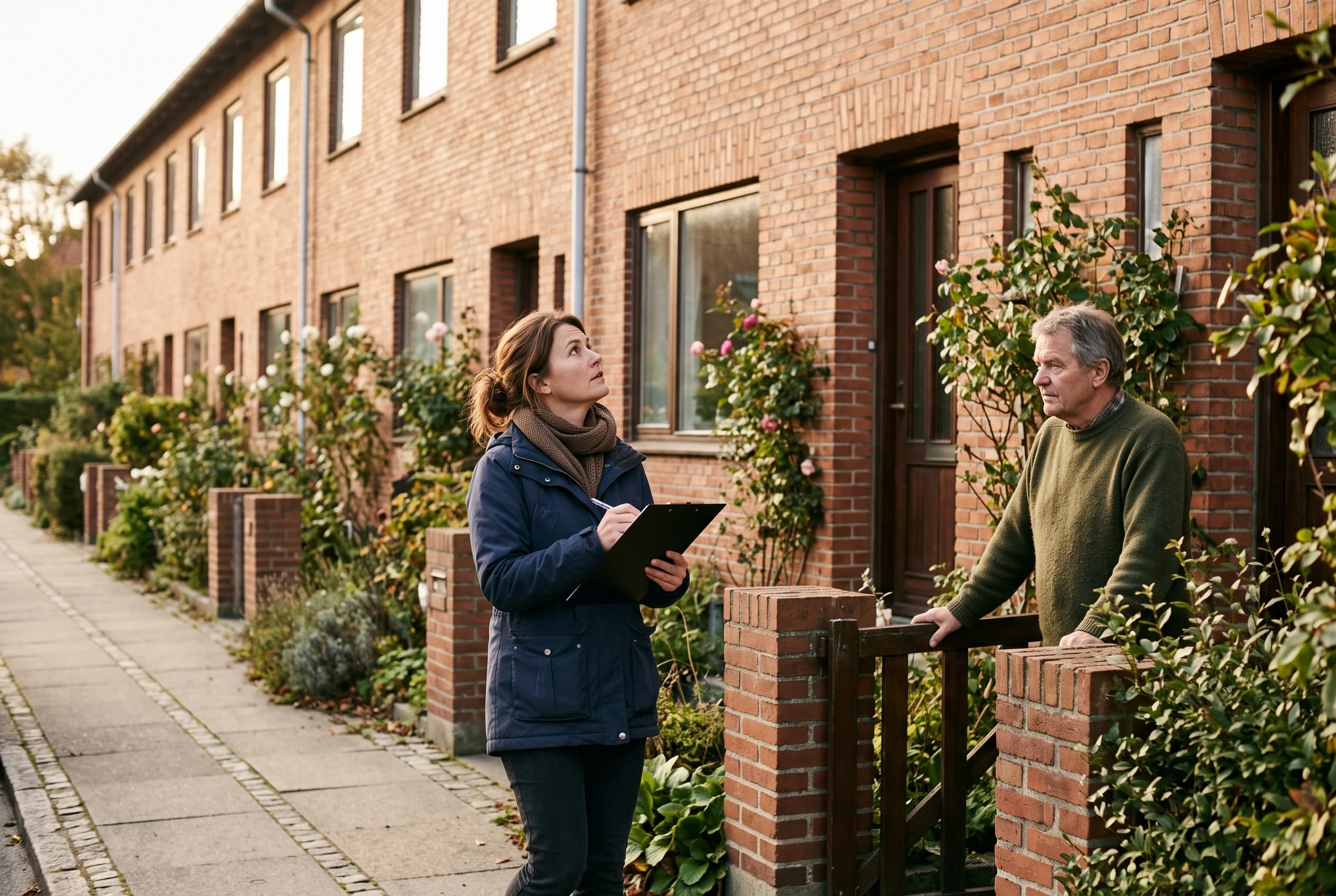 Valuar i fyrrerne går langs en række murstensrækkehuse og noterer på en skriveplade, mens en beboer i tresserne ser til fra sin forhave