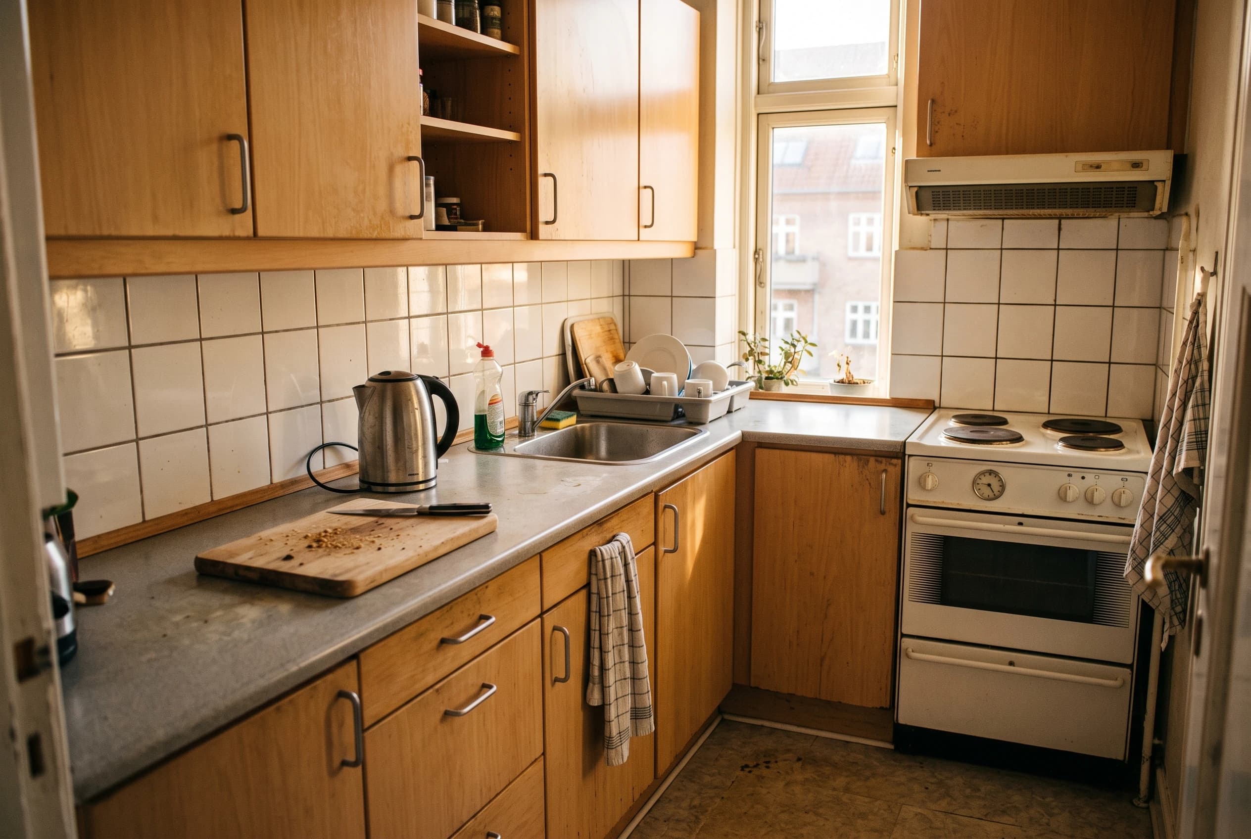Ældre dansk køkken fra halvfemserne med lyse låger og laminatbordplade, stadig i brug