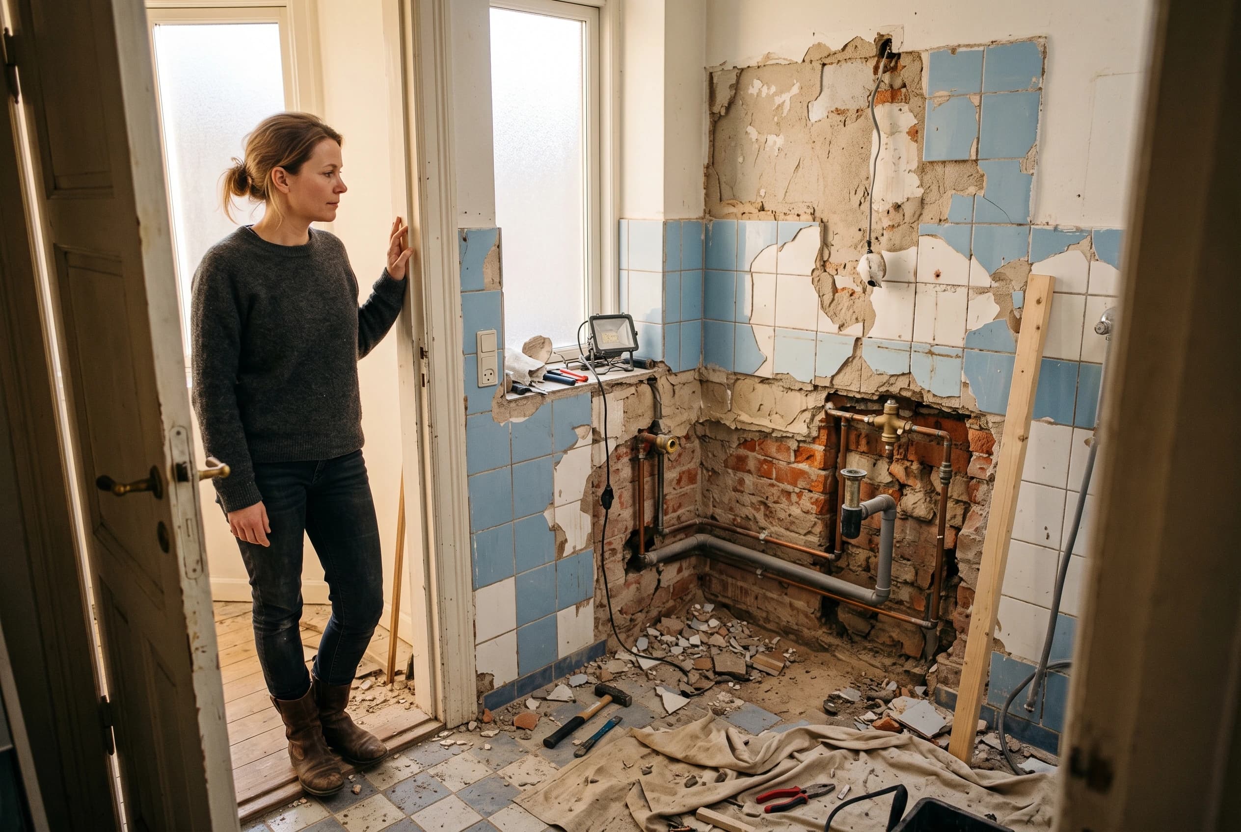 Kvinde i fyrrerne står i døråbningen og ser ind i et badeværelse under nedrivning med afhuggede fliser og synlige vandrør