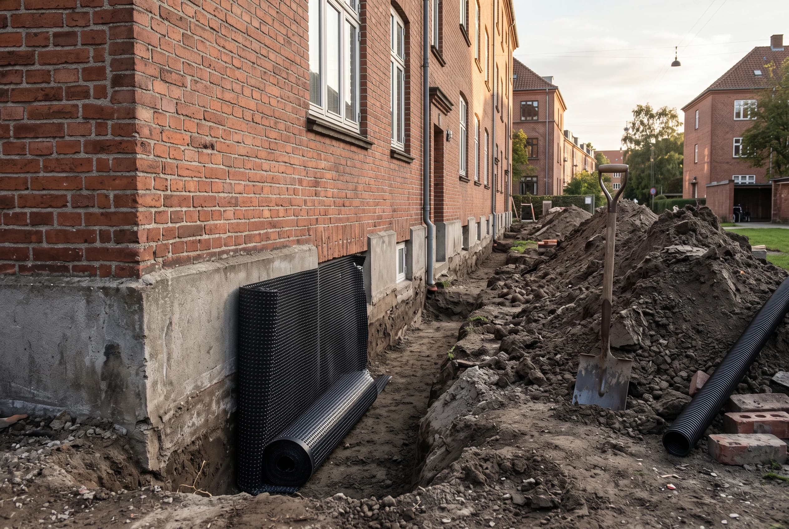 Udgravning langs soklen på en ældre dansk etageejendom, hvor jorden er gravet fri og en sort fugtmembran lægges op ad muren i eftermiddagslys