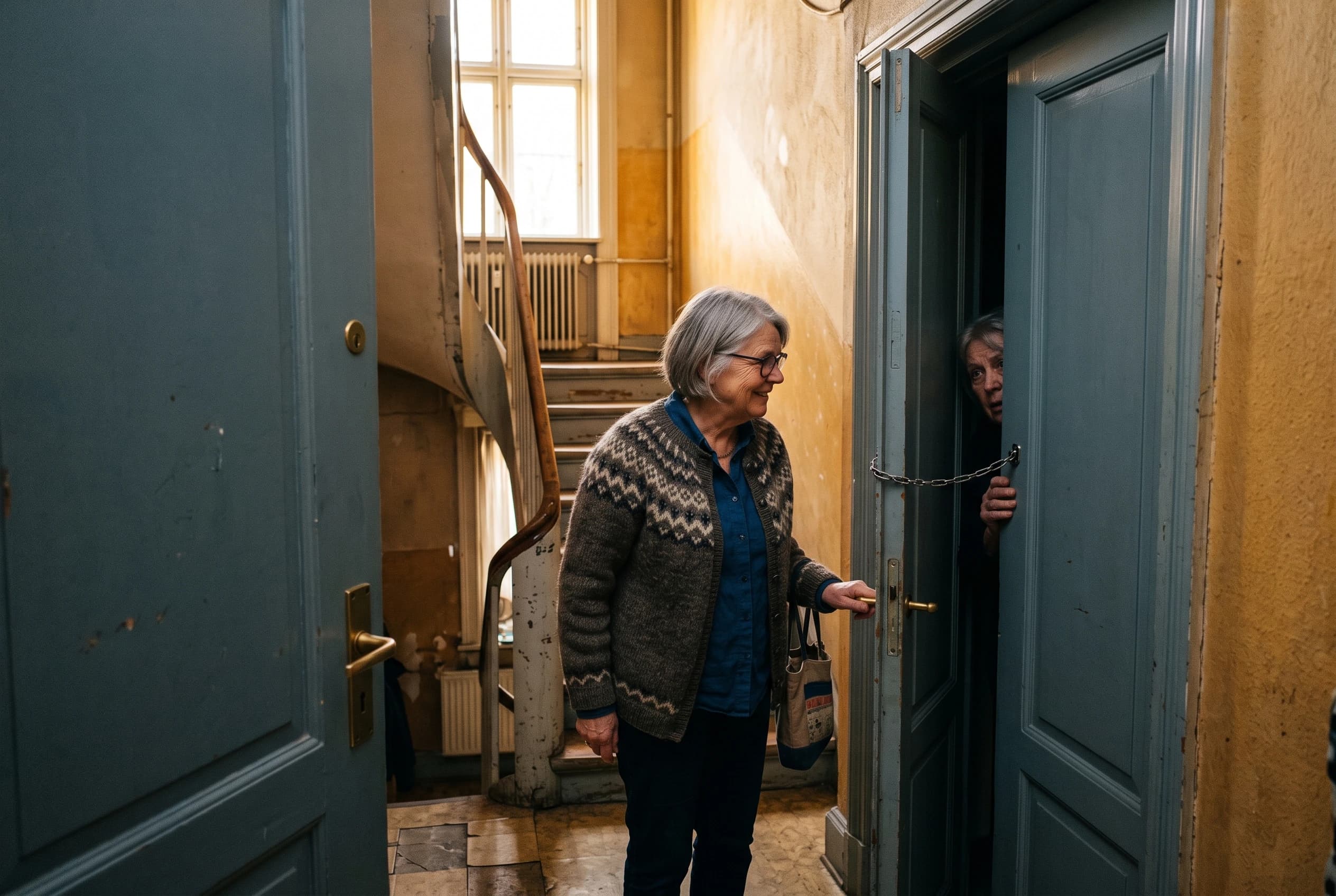 Kvinde i tresserne står i en ældre opgang ved naboens hoveddør, som naboen har åbnet på klem med sikkerhedskæden på