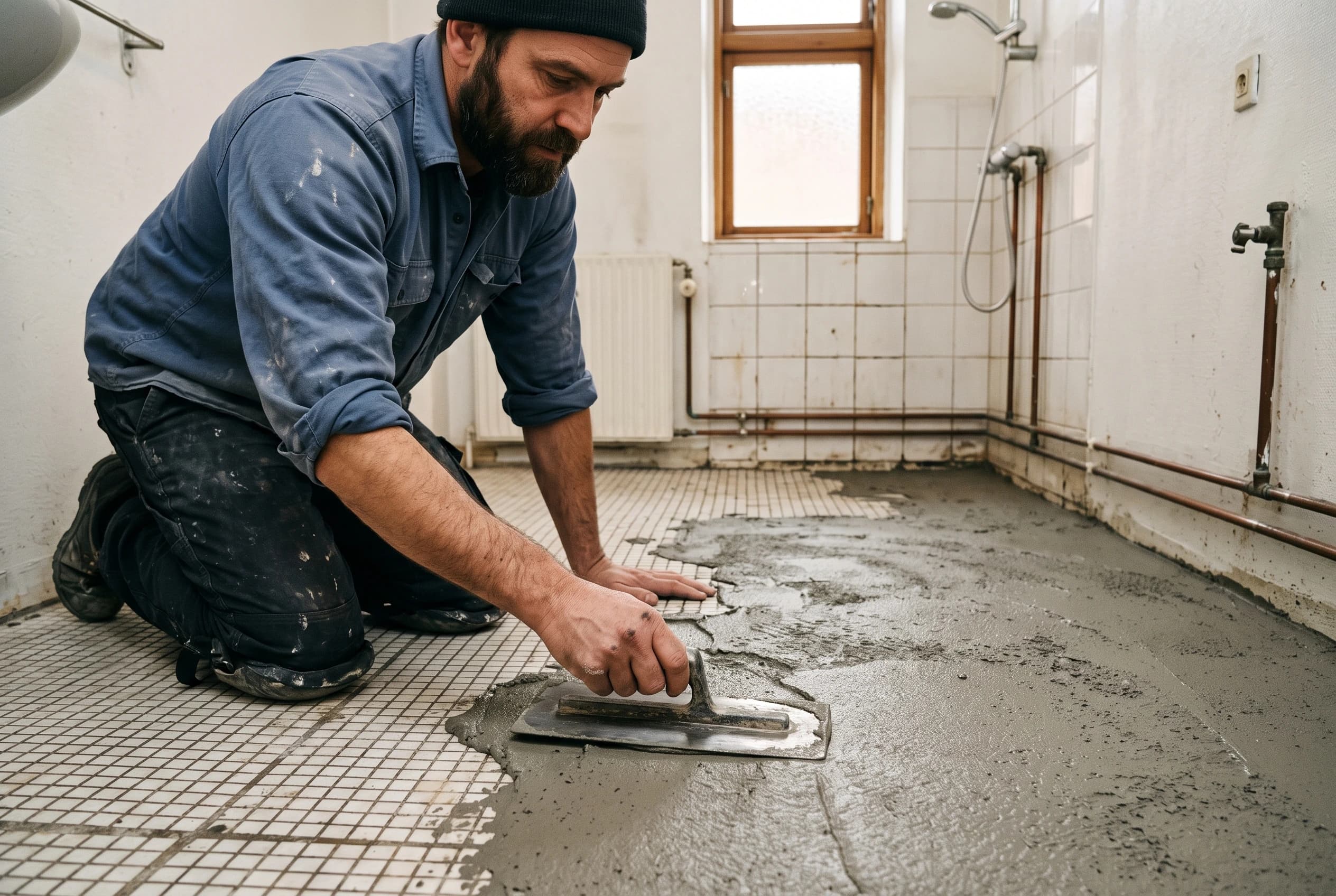 Håndværker glitter grå mikrocement ud over et badeværelsesgulv, hvor de gamle små hvide fliser stadig ses, hvor laget endnu ikke er nået