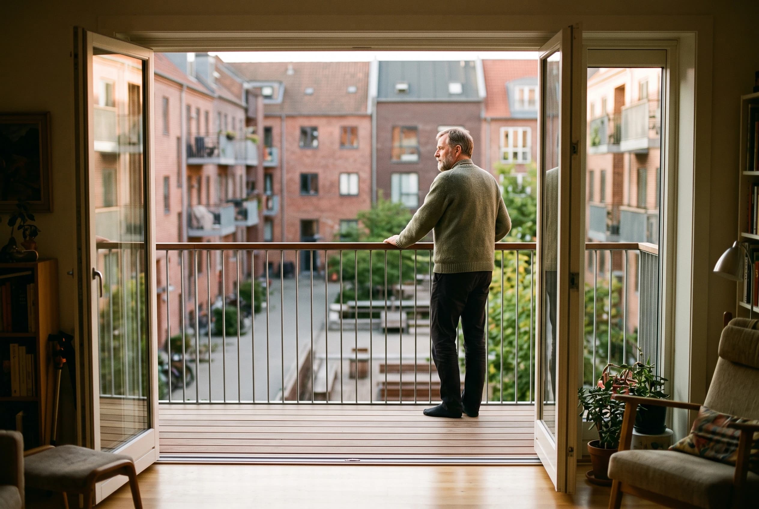 Mand i tresserne står på en nymonteret altan og kigger ud over gården, set indefra gennem den åbne altandør