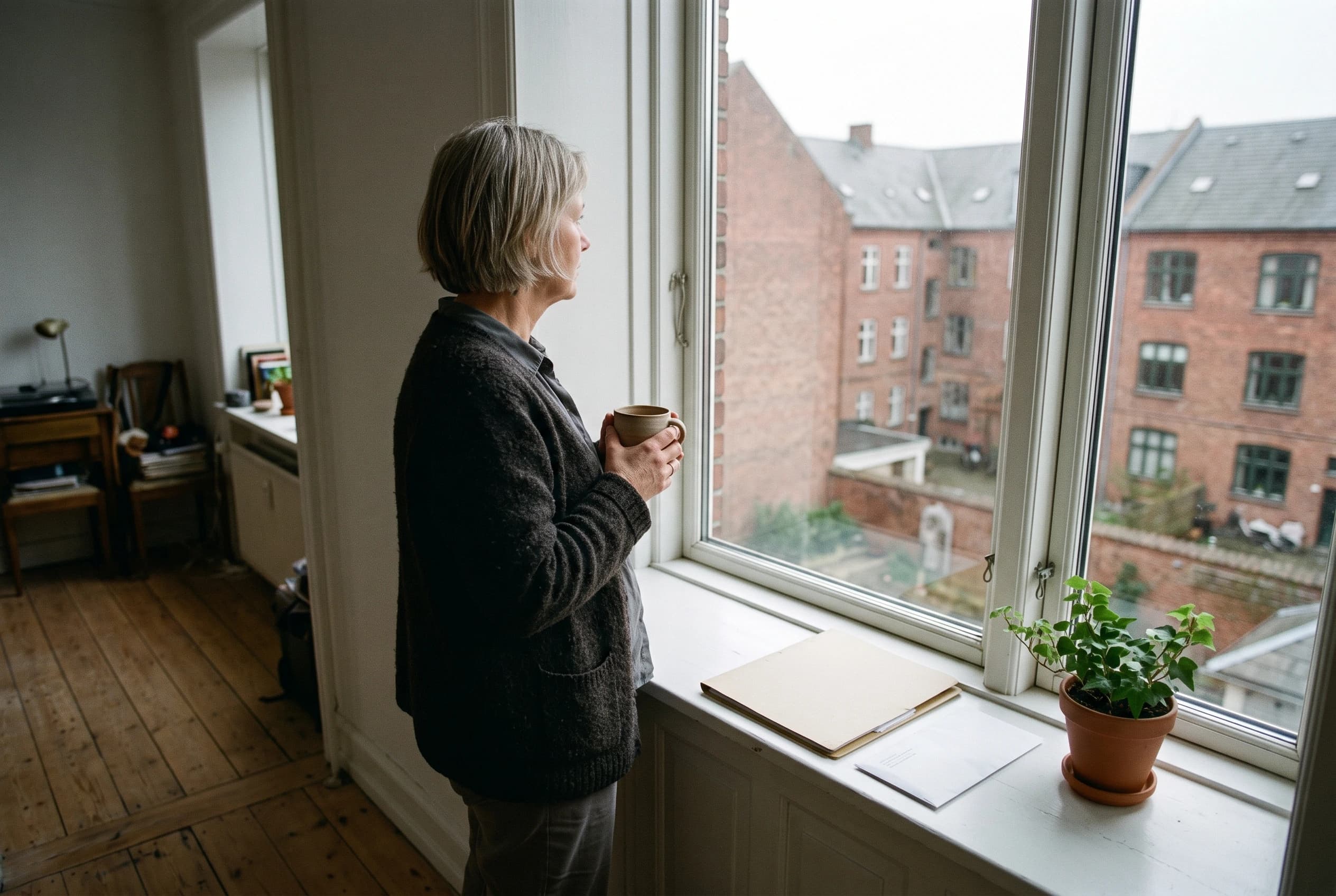 En kvinde står ved vinduet i sin lejlighed med en kop kaffe og ser ud over gården, mens en mappe og en uåbnet konvolut ligger i vindueskarmen