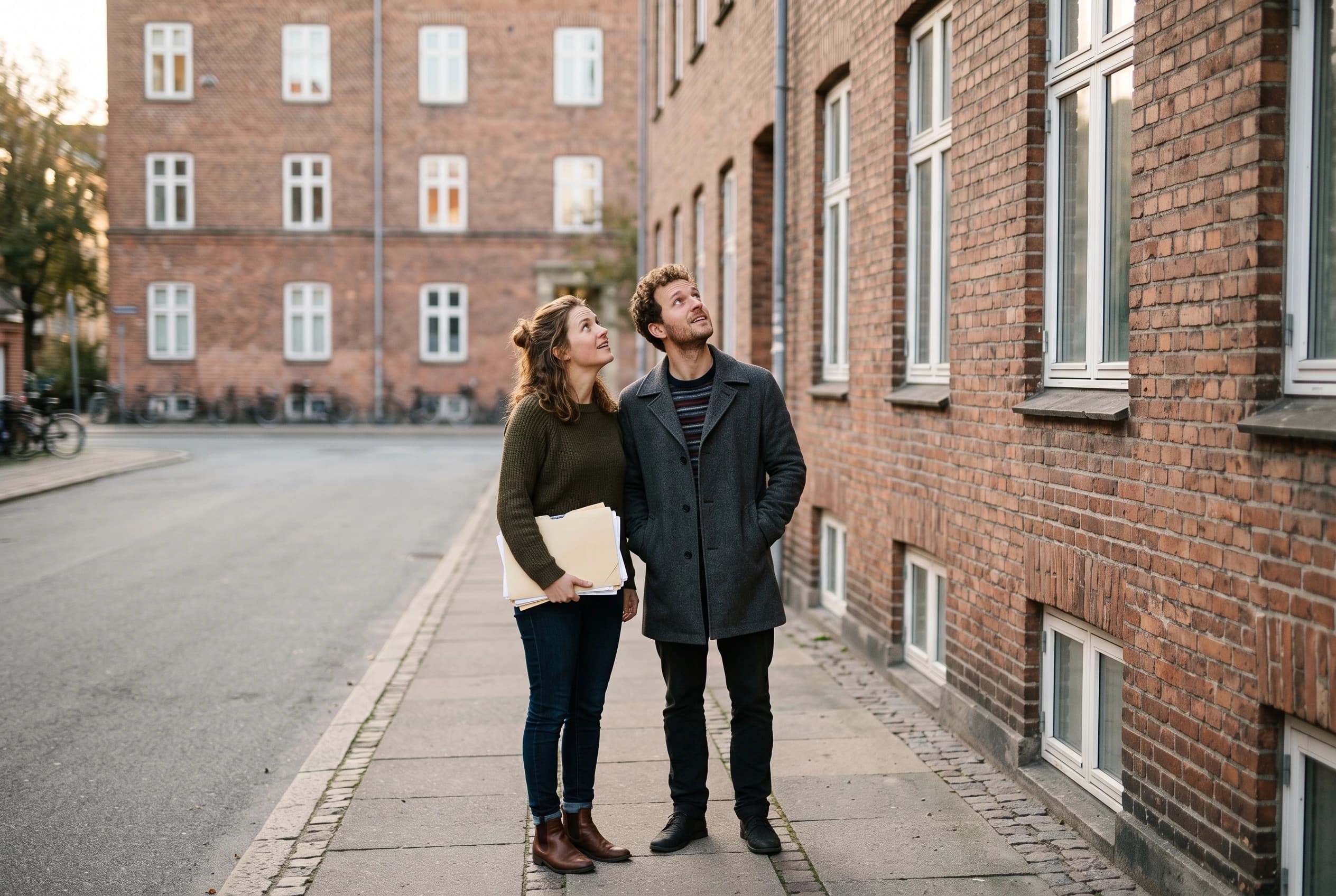 Et ungt par står tæt sammen på fortovet ved et gadehjørne og ser op ad facaden på en ældre dansk etageejendom