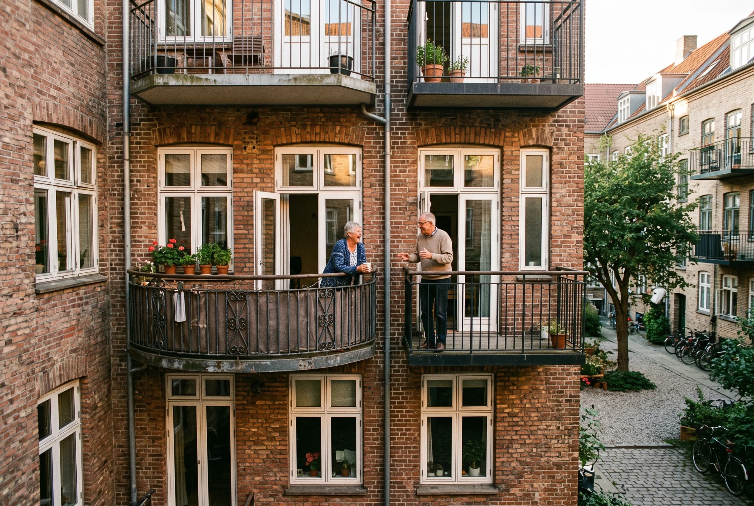 To naboer står og taler sammen på hver sin altan på samme etage i en ældre murstensejendom, set fra gården i eftermiddagslys
