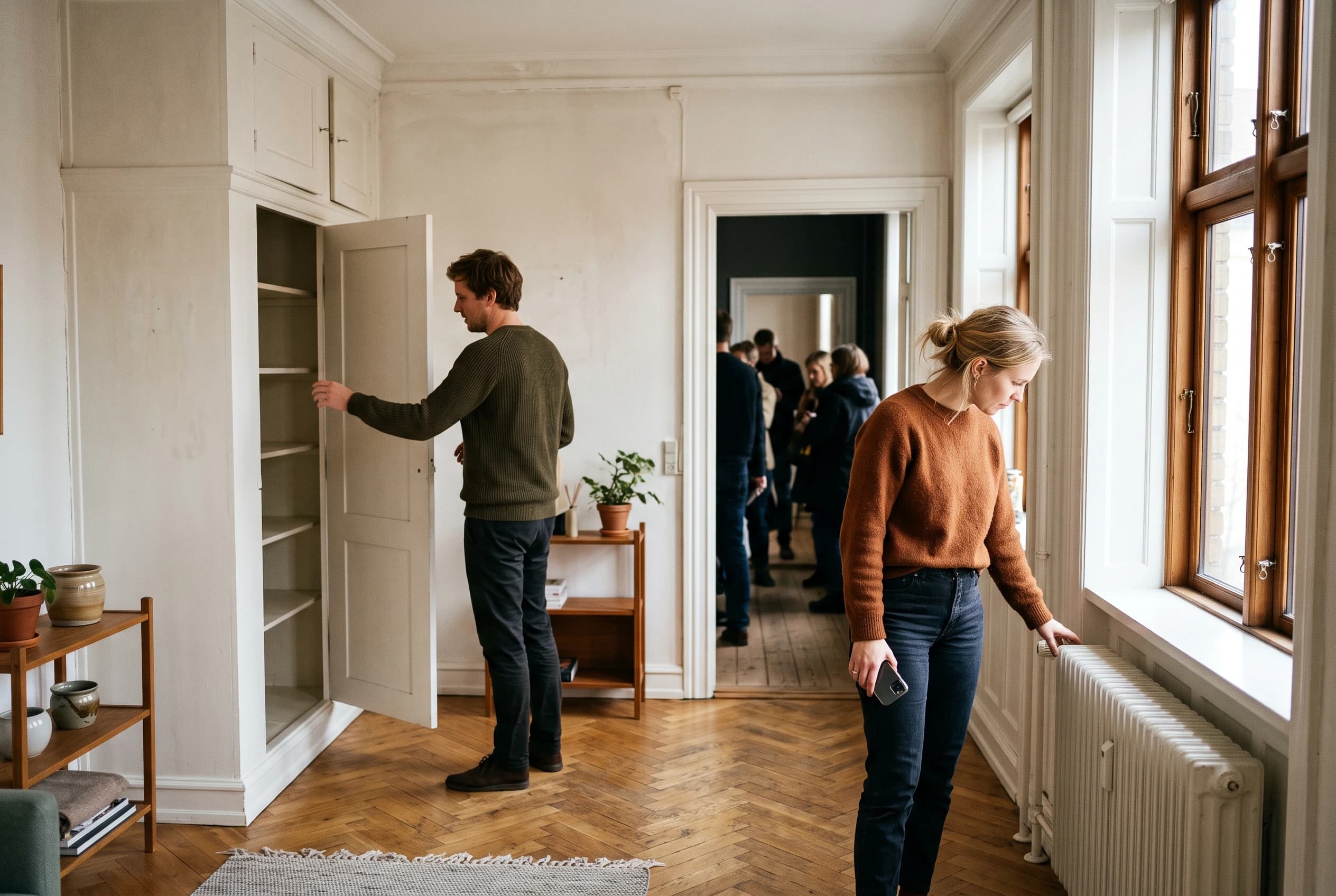 Par i trediverne til fremvisning i en ældre lejlighed med sildebensparket, hvor manden åbner et indbygget skab og kvinden ser på vinduerne