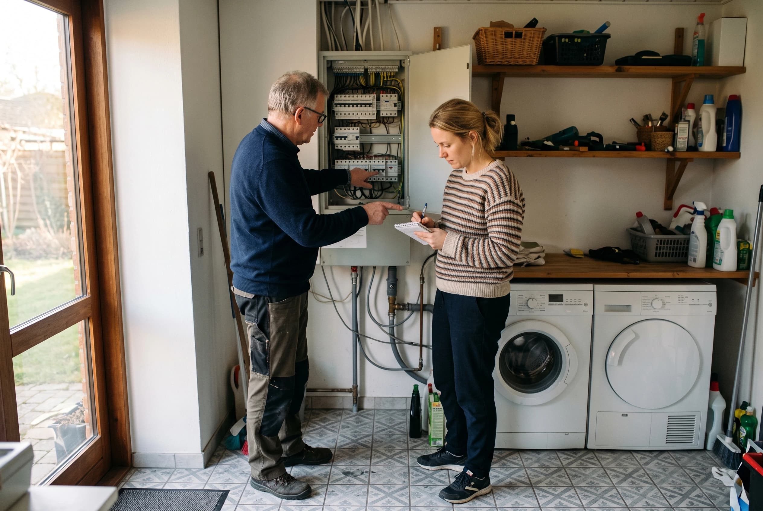 En mand i tresserne peger ind i et åbent eltavleskab i et bryggers, mens en kvinde i trediverne noterer på en blok ved siden af vaskemaskinen