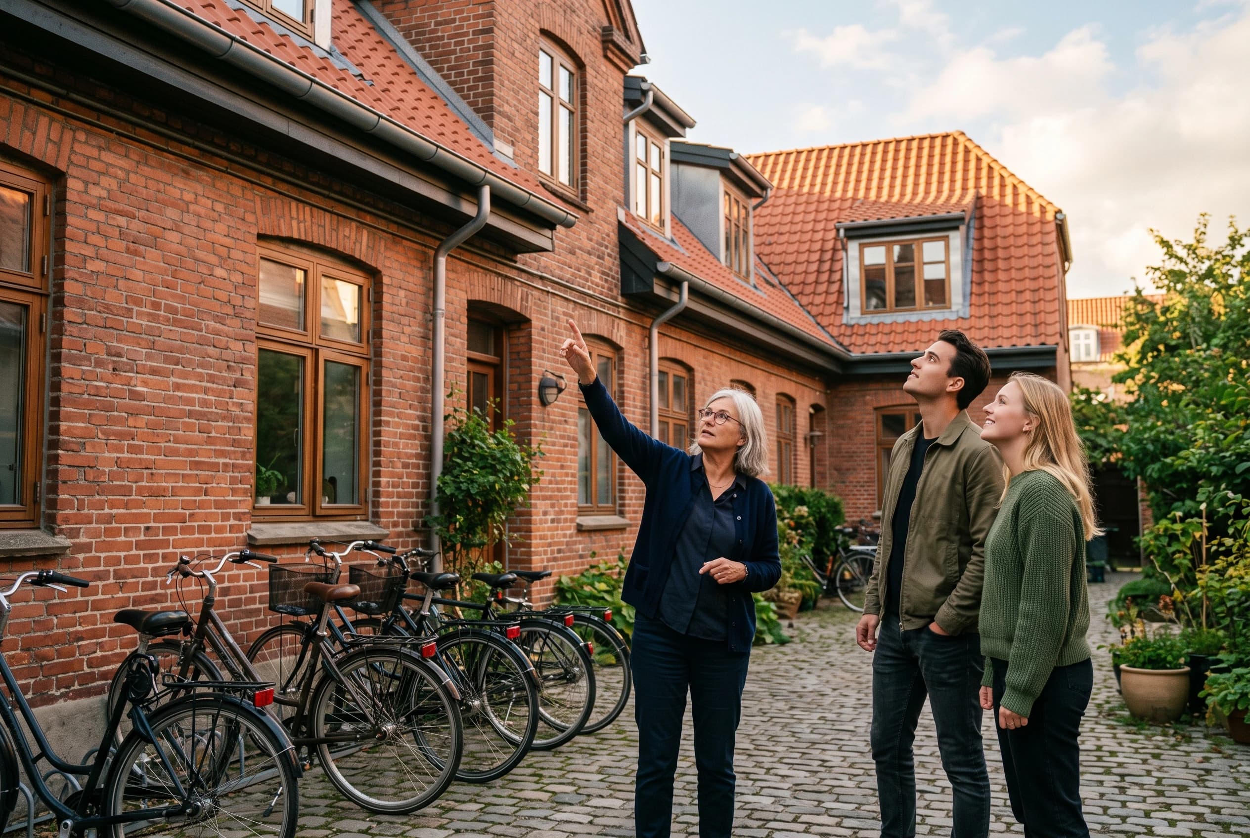 Kvinde i tresserne fra bestyrelsen viser et ungt par rundt i en brolagt gård og peger op mod ejendommens nyrenoverede tag